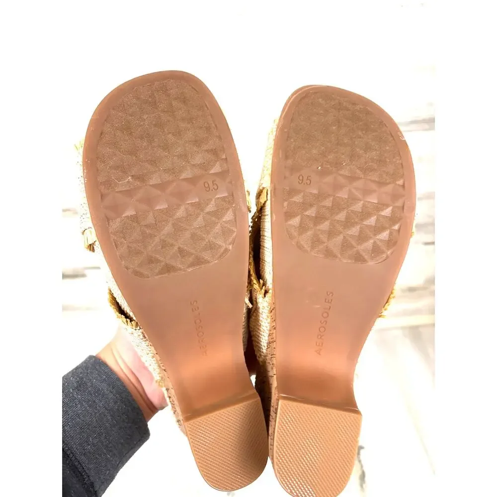 Aerosoles Womens 9.5 Tan Madina Crisscross Raffia Wedge Heel Summer Sandal NEW